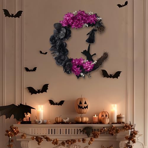 JOYIN Halloween Wreath Black Cat Moon Grapevine Decor