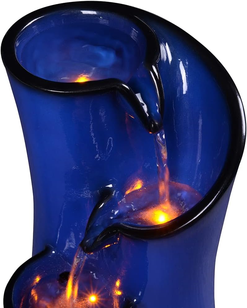 GOSSI Imitation Ceramic Tabletop Fountain with 3 Reflective LEDs 98 Inch Tall Blue