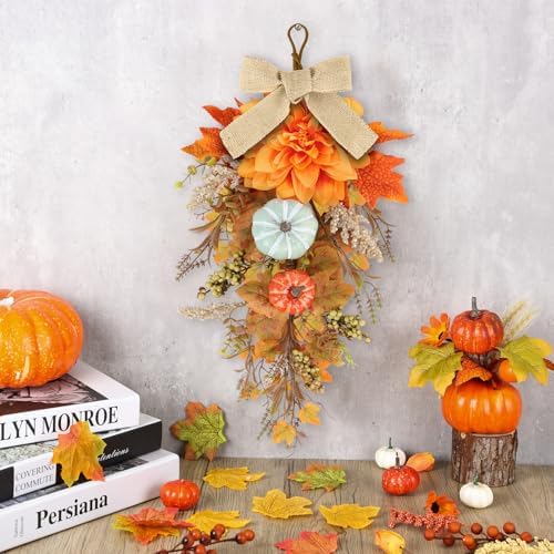 22 Inch Fall Wreaths 2 PCS Teardrop Swag for Front Door