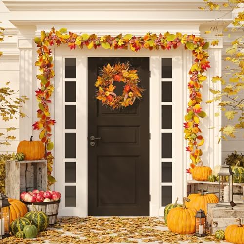 19 Inch Artificial Fall Wreath with Pumpkins and Maple Leaves