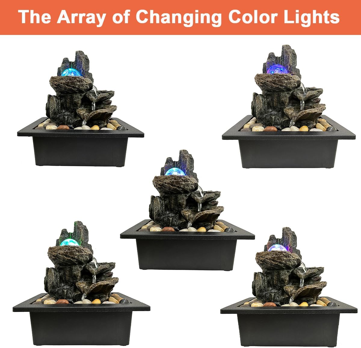 Indoor Rotating Water Fountain with LED Lights and River Rocks