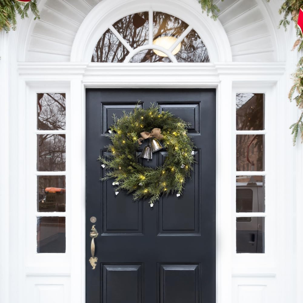 SAFAVIEH 22-inch Artificial Pine Wreath with Gold Bells and LED Lights
