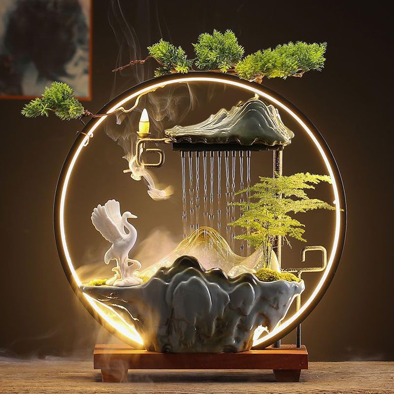 Elegant Crane Tabletop Water Fountain with LED Light and Mist