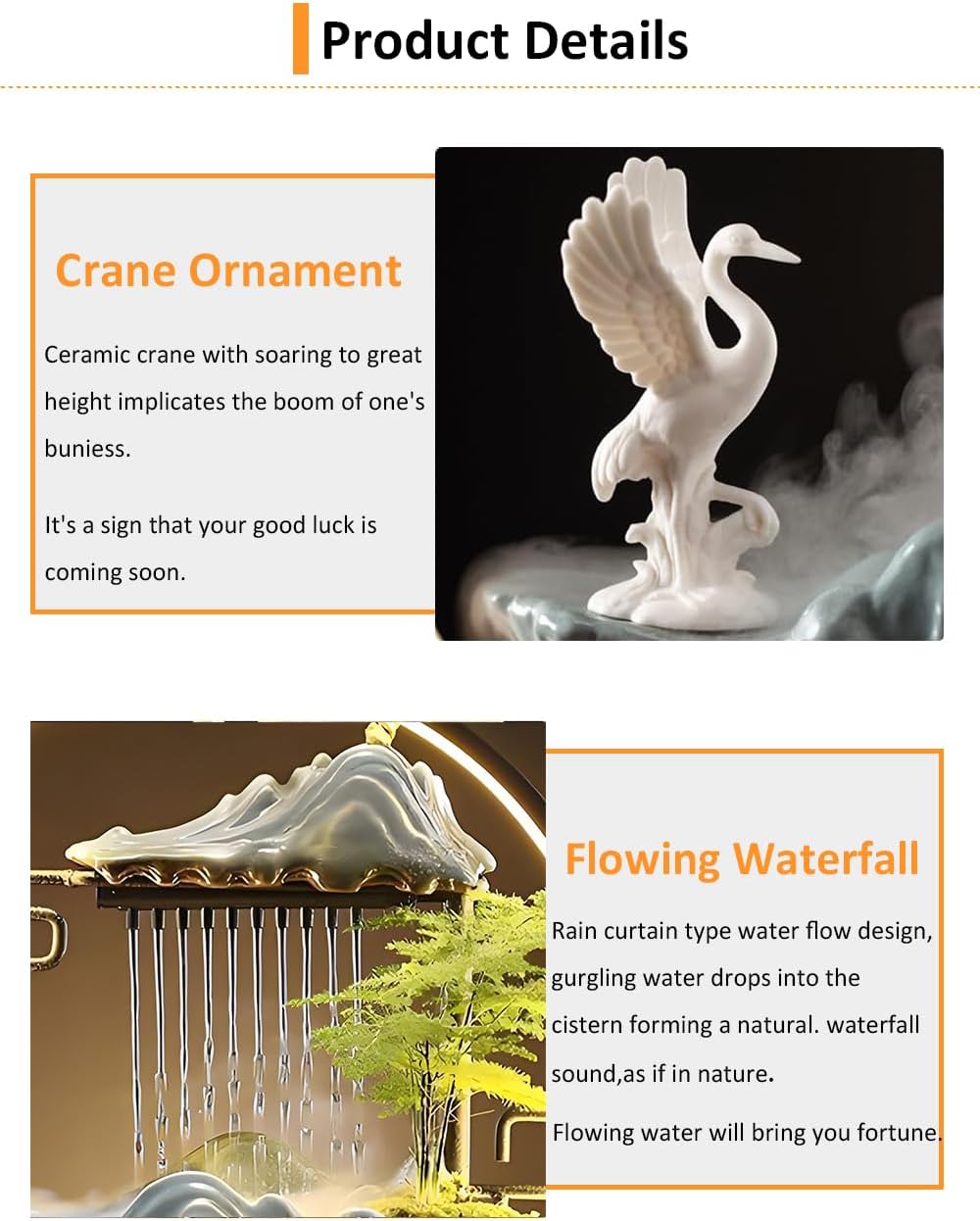 Elegant Crane Tabletop Water Fountain with LED Light and Mist