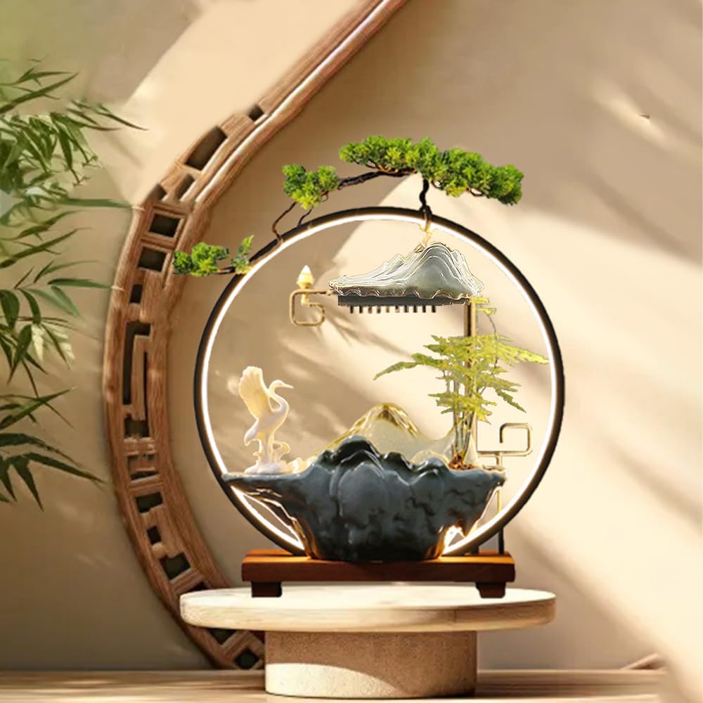 Elegant Crane Tabletop Water Fountain with LED Light and Mist