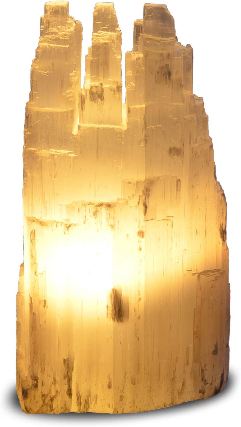 Natural White Selenite Triple Skyscraper Lamp with Dimmer Switch and 15 Watt Bulb