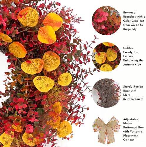 CYANBLOOM 24 Inch Fall Wreath with Maple Bow