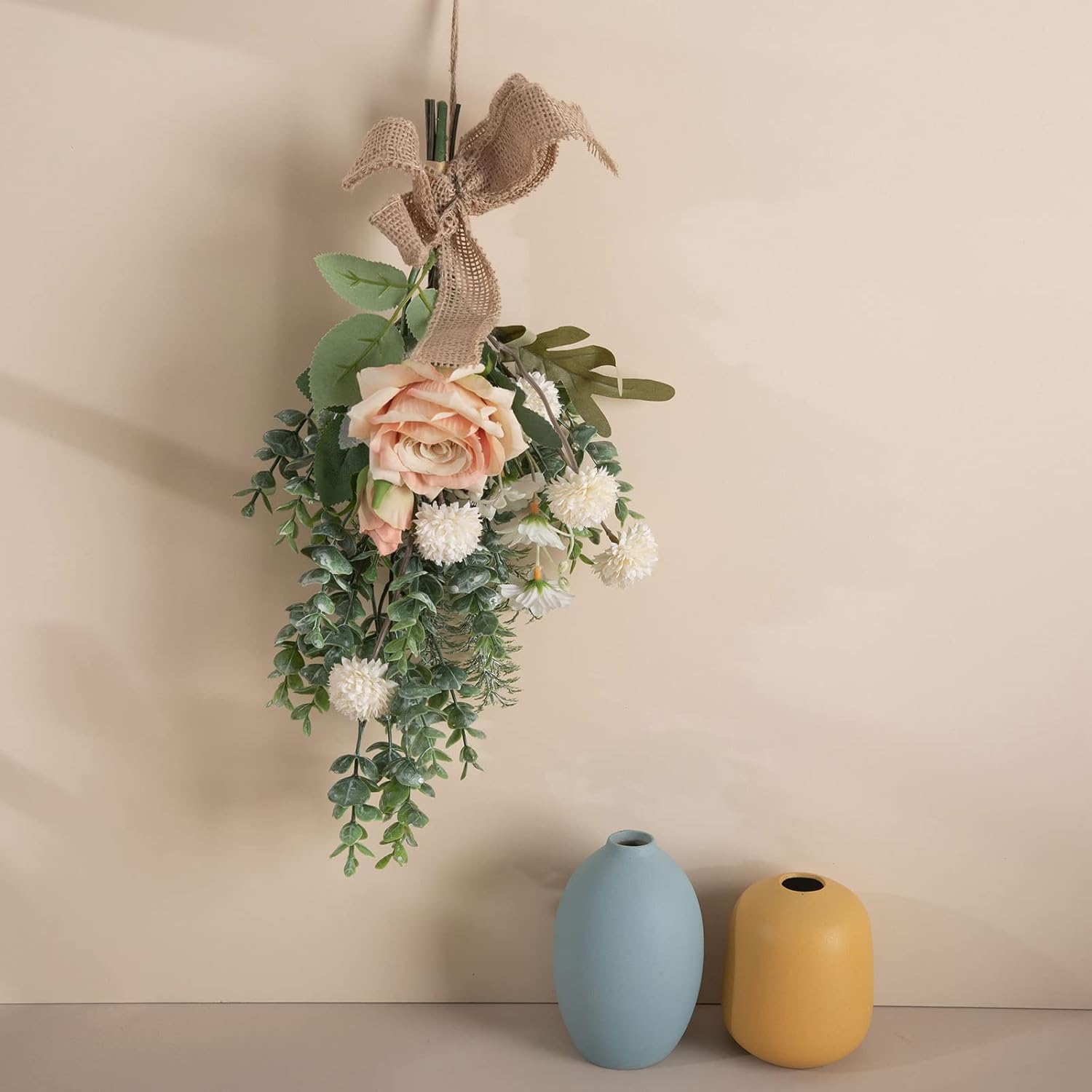 15 Inch Artificial Floral Swag Wreath with Eucalyptus and Burlap Bow