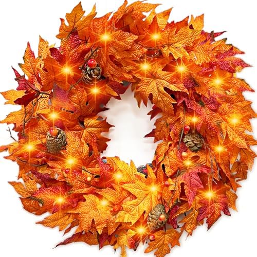 24 Inch Lighted Fall Wreath for Front Door