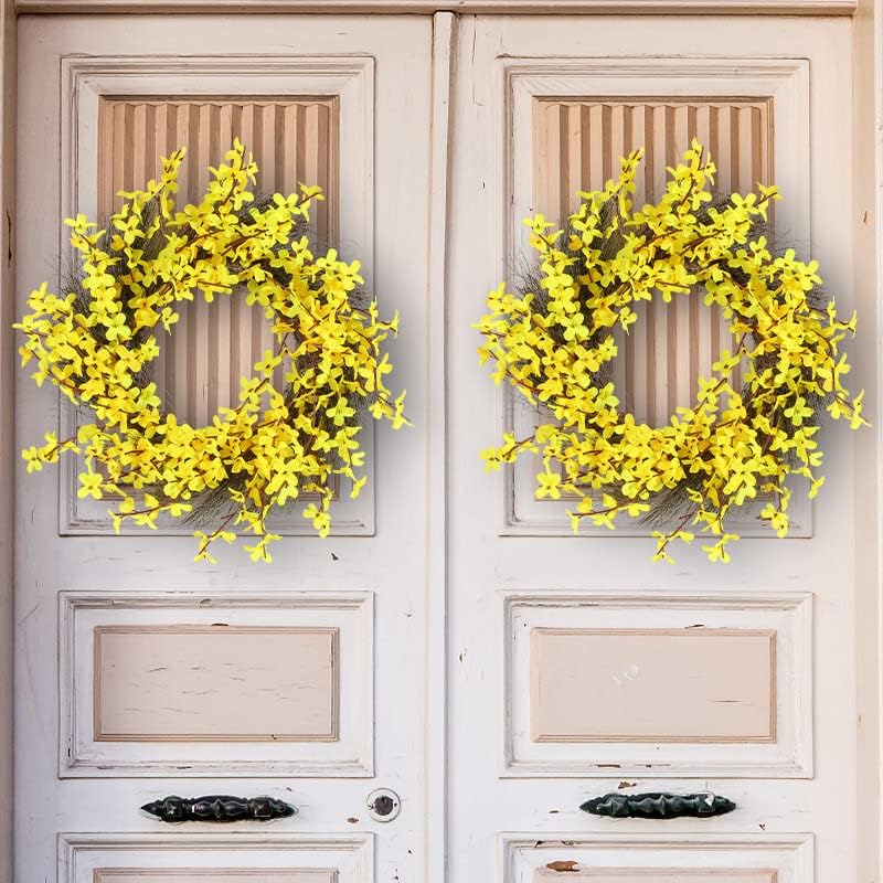 16 Inch Yellow Forsythia Door Wreath on Grapevine