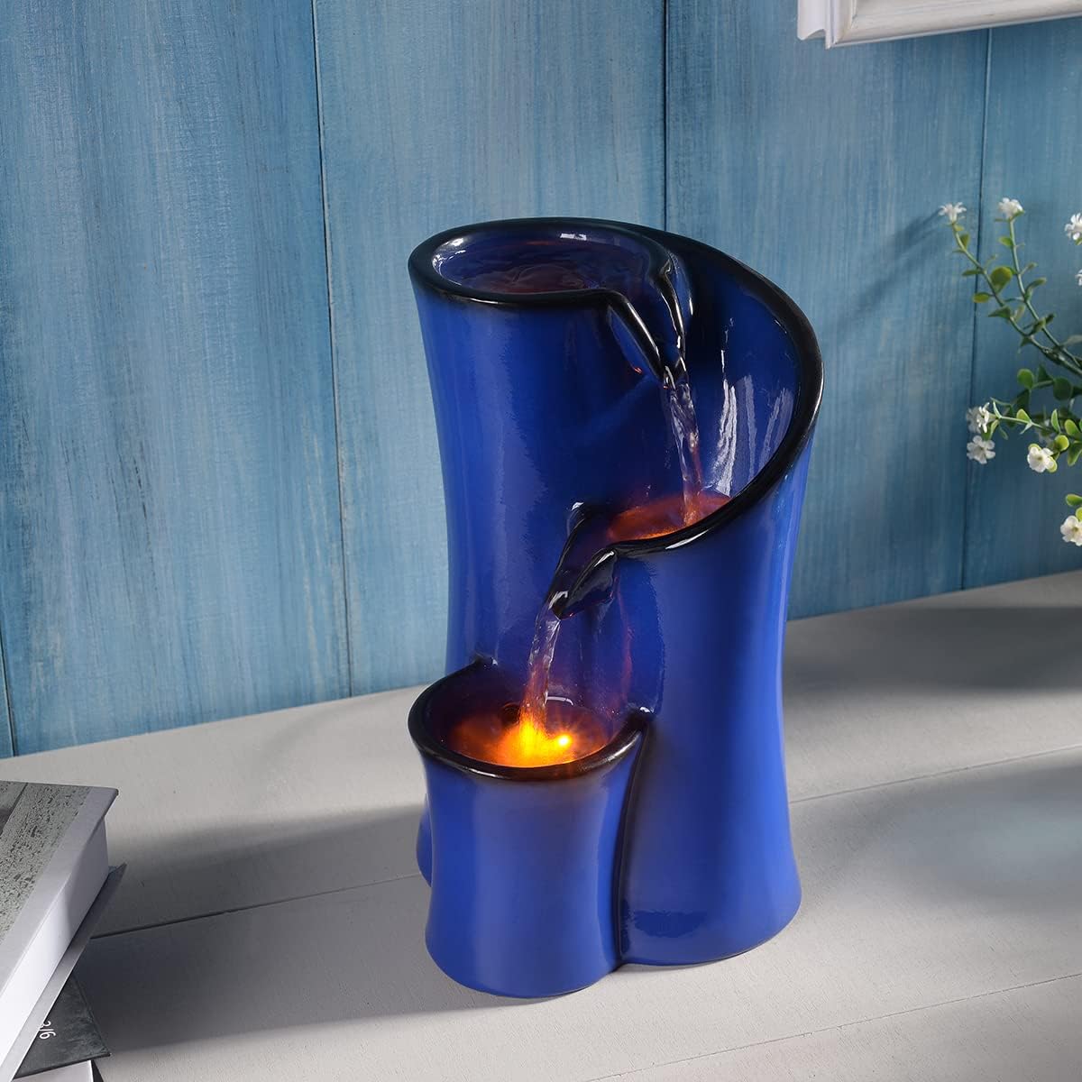 GOSSI Imitation Ceramic Tabletop Fountain with 3 Reflective LEDs 98 Inch Tall Blue