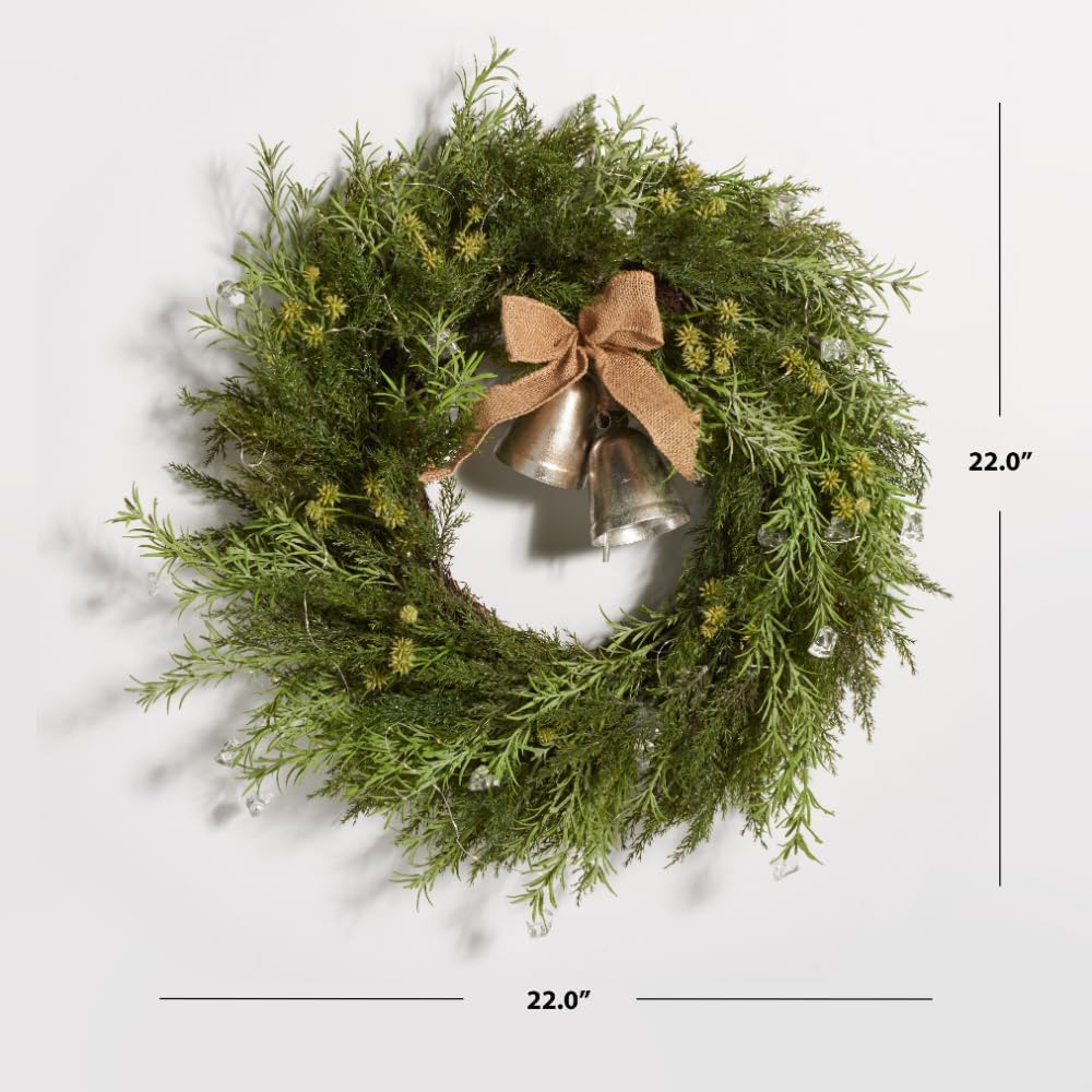 SAFAVIEH 22-inch Artificial Pine Wreath with Gold Bells and LED Lights