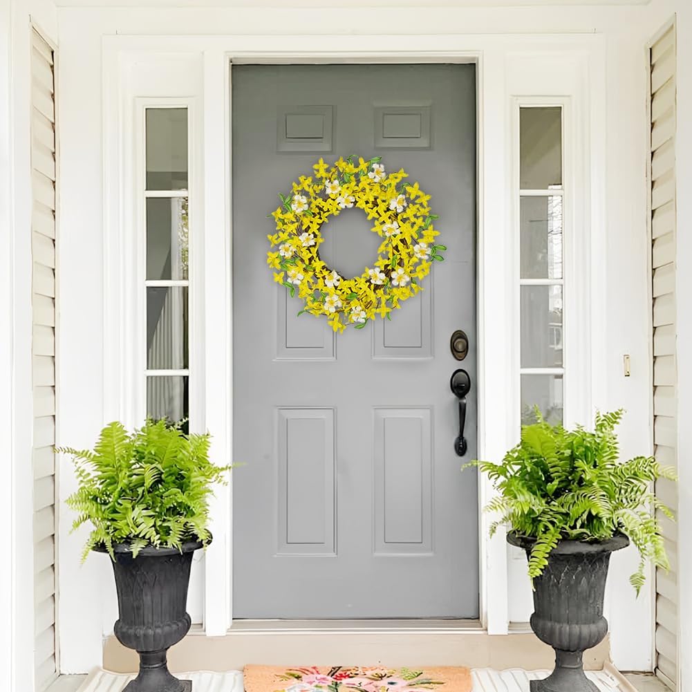 DILATATA 20 Inch Artificial Forsythia Wreath with Daisy