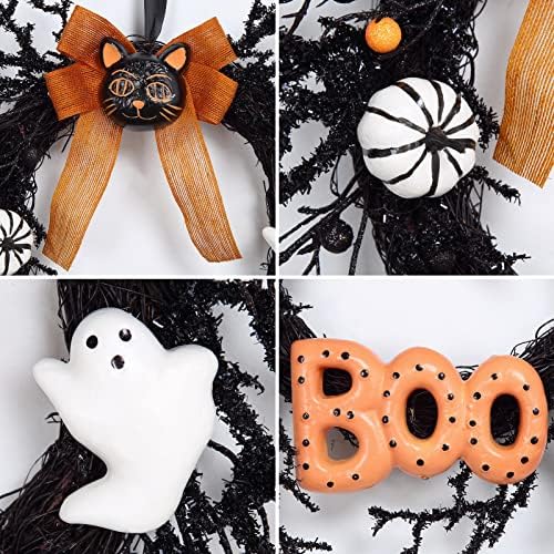 Adeeing 18 Inch Halloween Wreath with Black Cat and Boo Sign