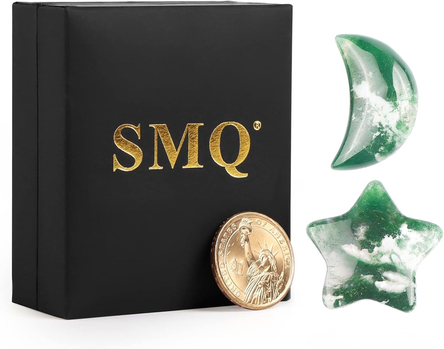 SMQ Moon Star Moss Agate Worry Stone Healing Crystal Set