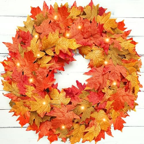 26 Inch Foldable Fall Wreath with Lights and Timer