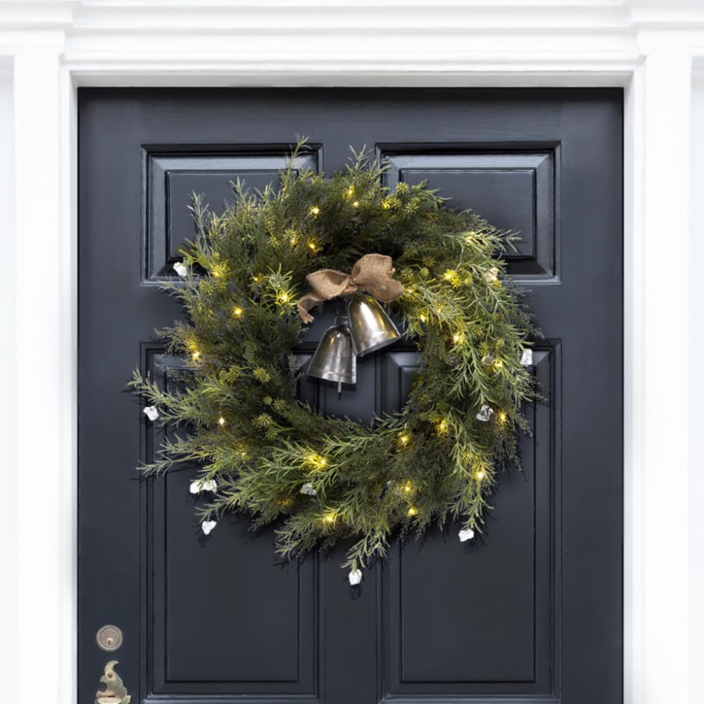 SAFAVIEH 22-inch Artificial Pine Wreath with Gold Bells and LED Lights