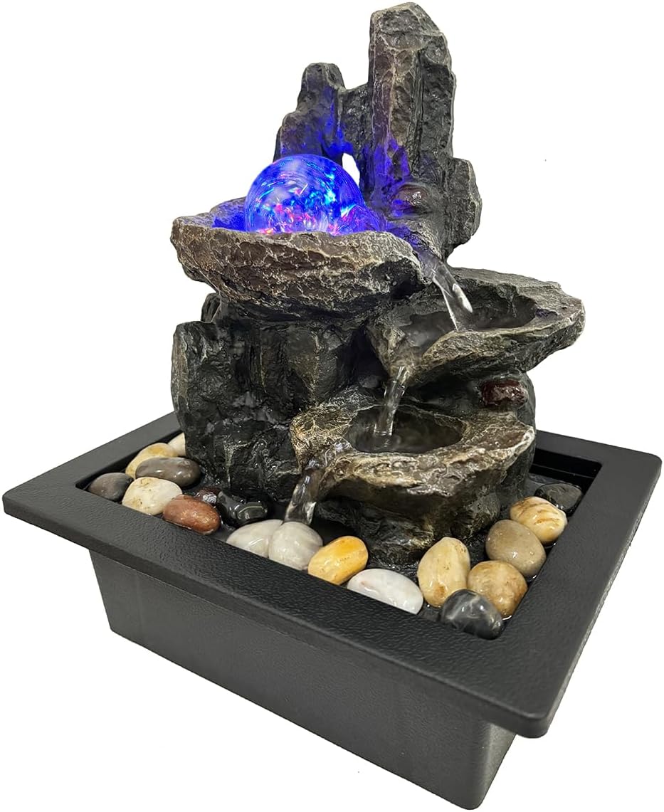Indoor Rotating Water Fountain with LED Lights and River Rocks