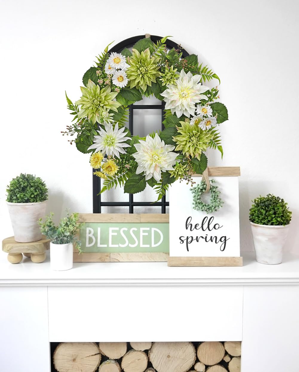Briful 24 Inch Artificial Dahlia Wreath for Front Door