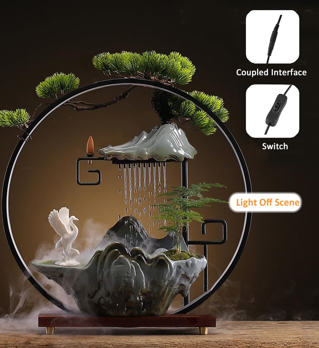 Elegant Crane Tabletop Water Fountain with LED Light and Mist
