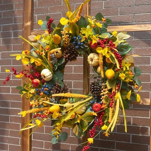 Fall Wreath 24 Inch with Yellow White Pumpkins Red Berries Eucalyptus Leaves Pinecones