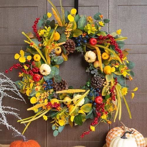 Fall Wreath 24 Inch with Yellow White Pumpkins Red Berries Eucalyptus Leaves Pinecones