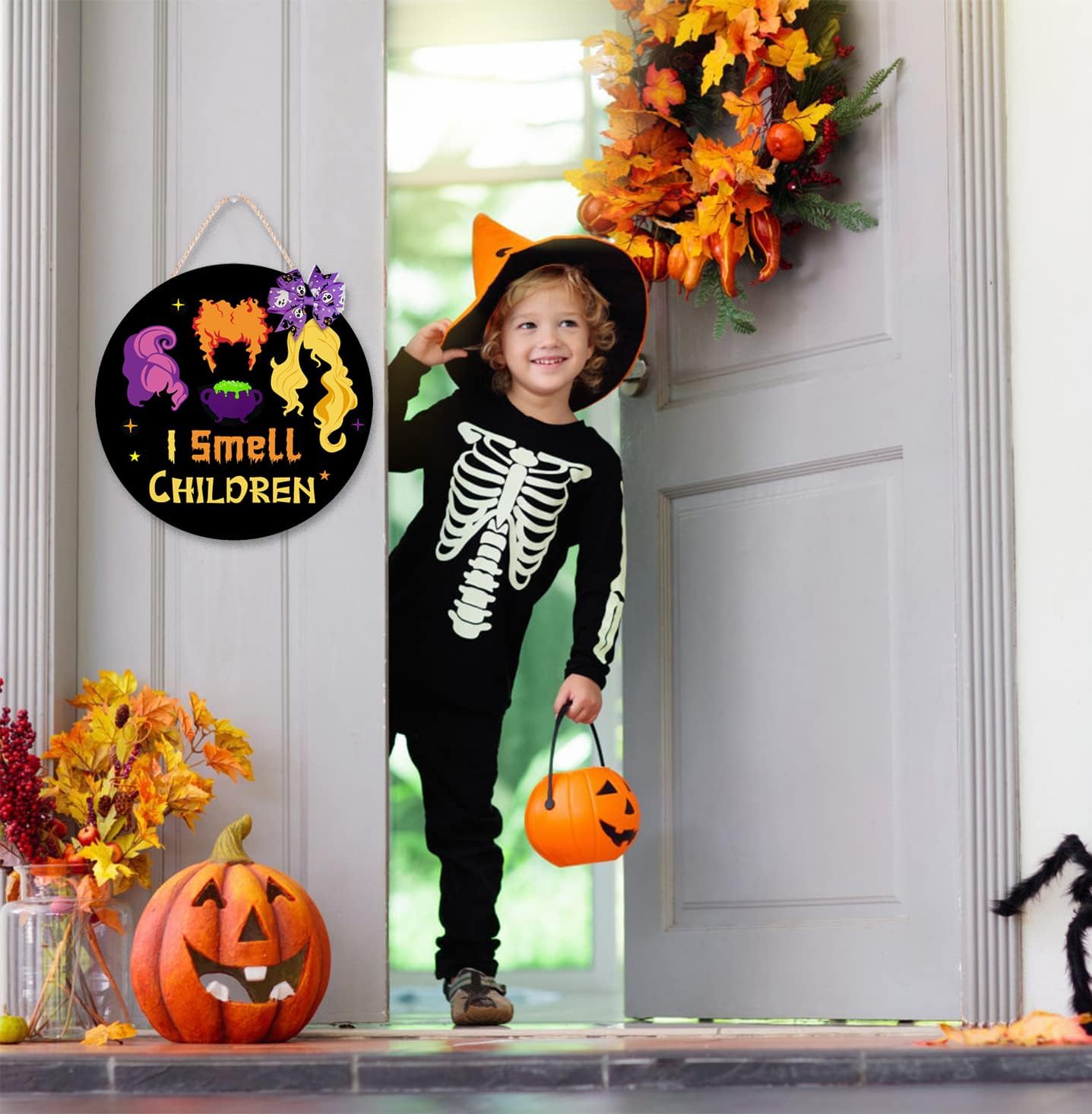 Halloween Wreath Hocus Pocus Door Sign Wooden Bow Decor