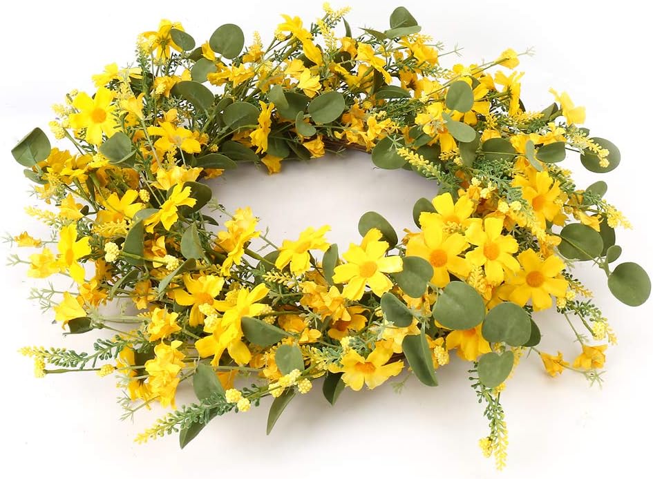 JFLORU 22 Inch Yellow Daisy Spring Wreath for Front Door