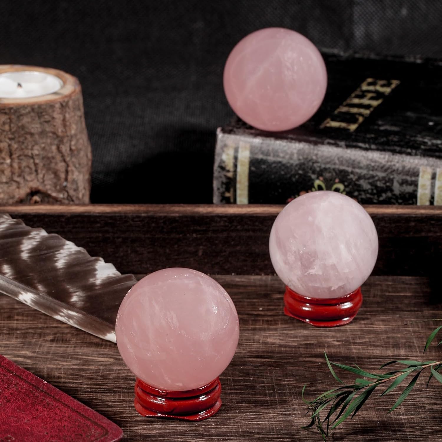 Tumbeelluwa Natural Rose Quartz Crystal Ball with Wood Stand