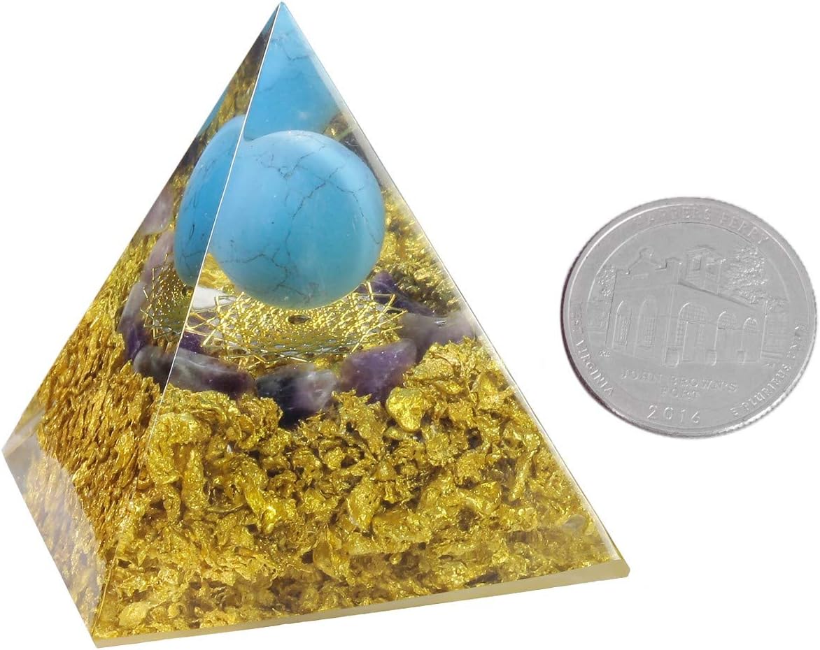 Blue Howlite Turquoise Orgone Pyramid with Amethyst Stones and Crown Chakra Symbol