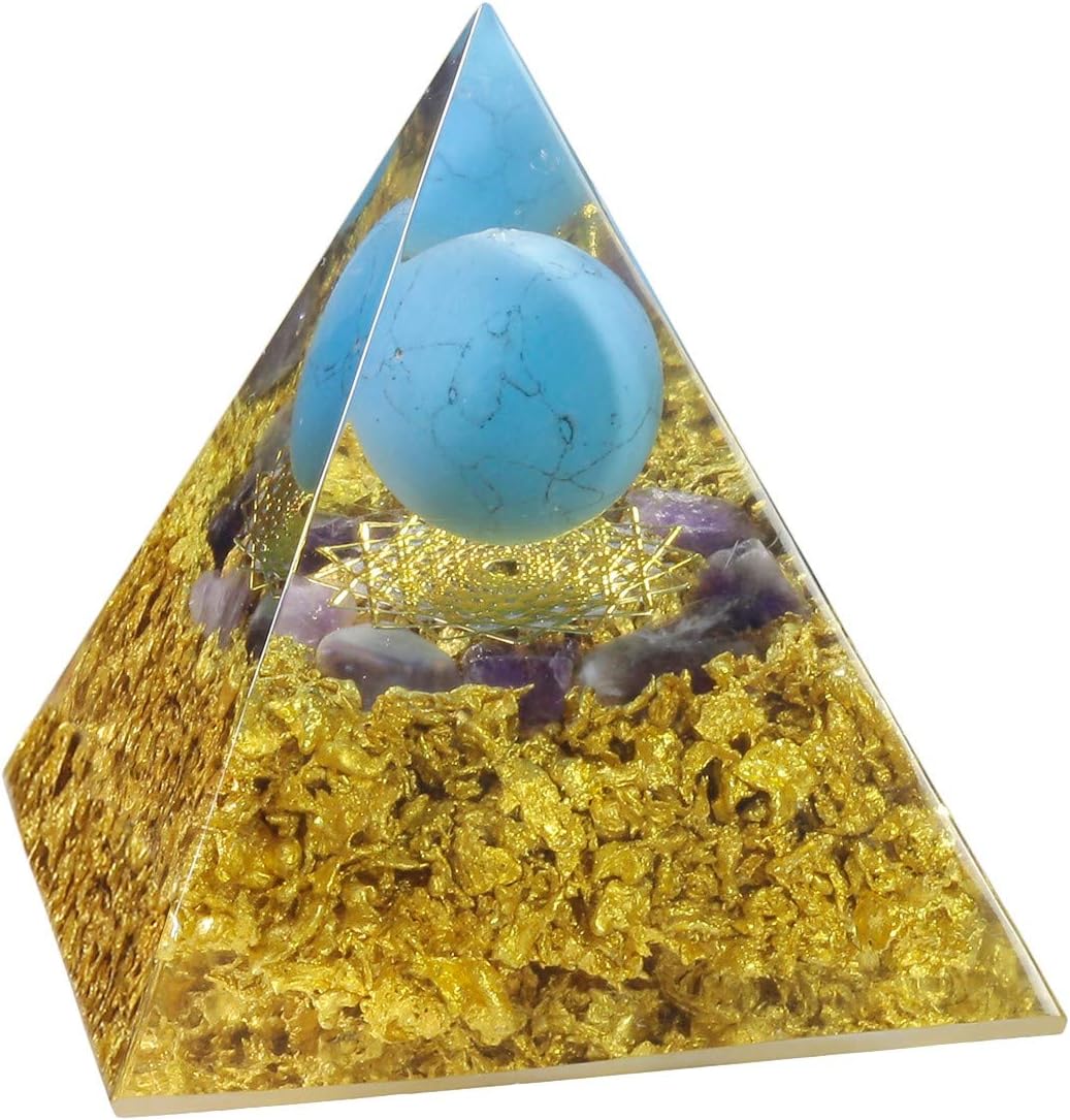 Blue Howlite Turquoise Orgone Pyramid with Amethyst Stones and Crown Chakra Symbol