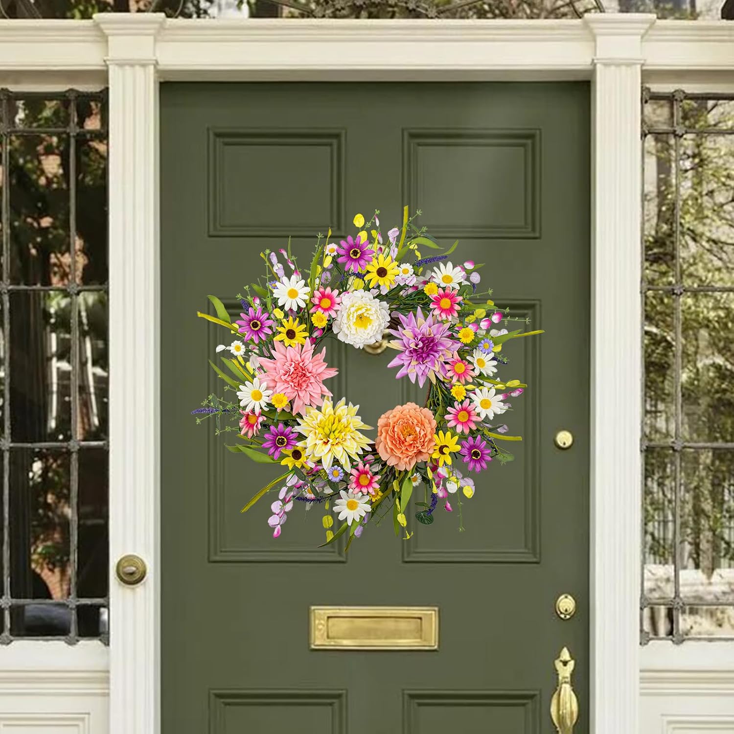 Vibrant 22 Inch Spring Wreath with Dahlias and Daisies