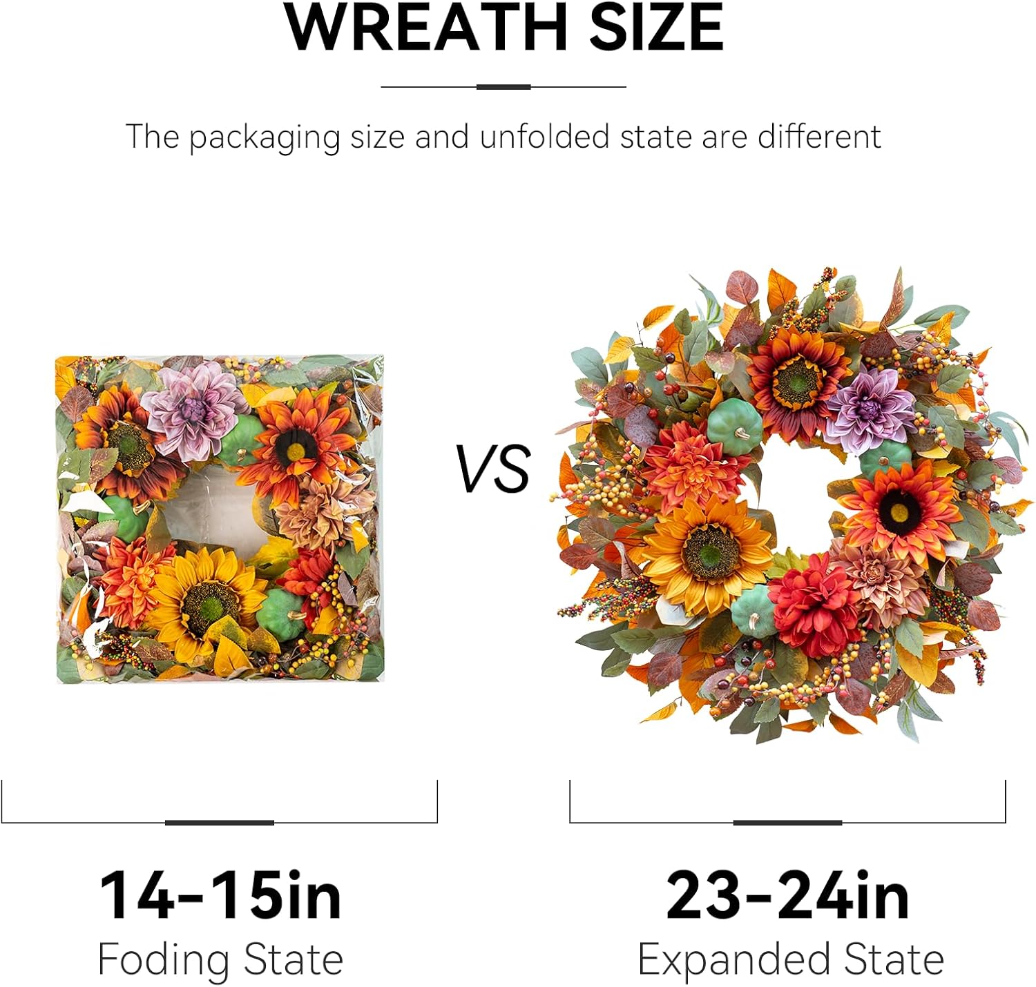 24 Inch Autumn Front Door Wreath with Pumpkins and Fall Leaves