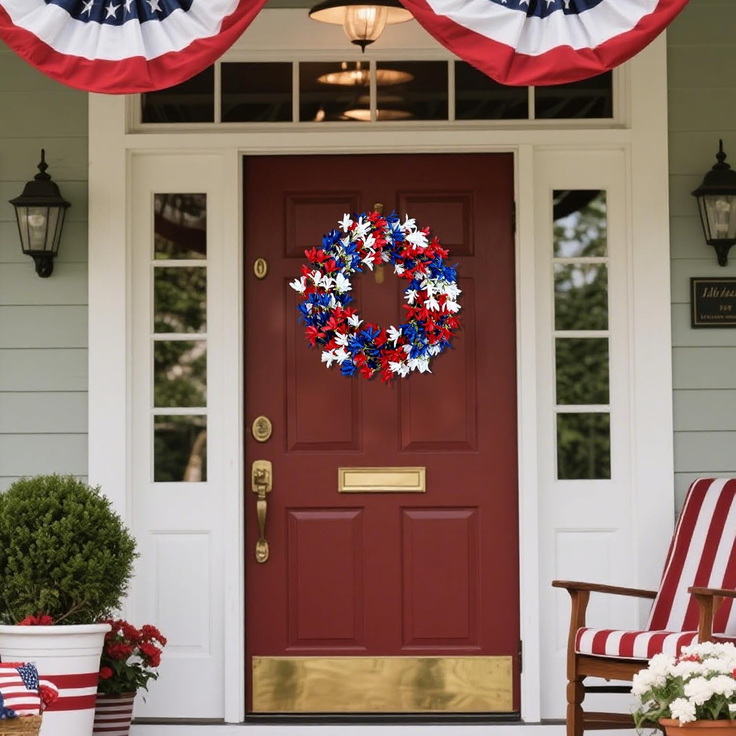 4th of July Wreath with Red White Blue Flowers