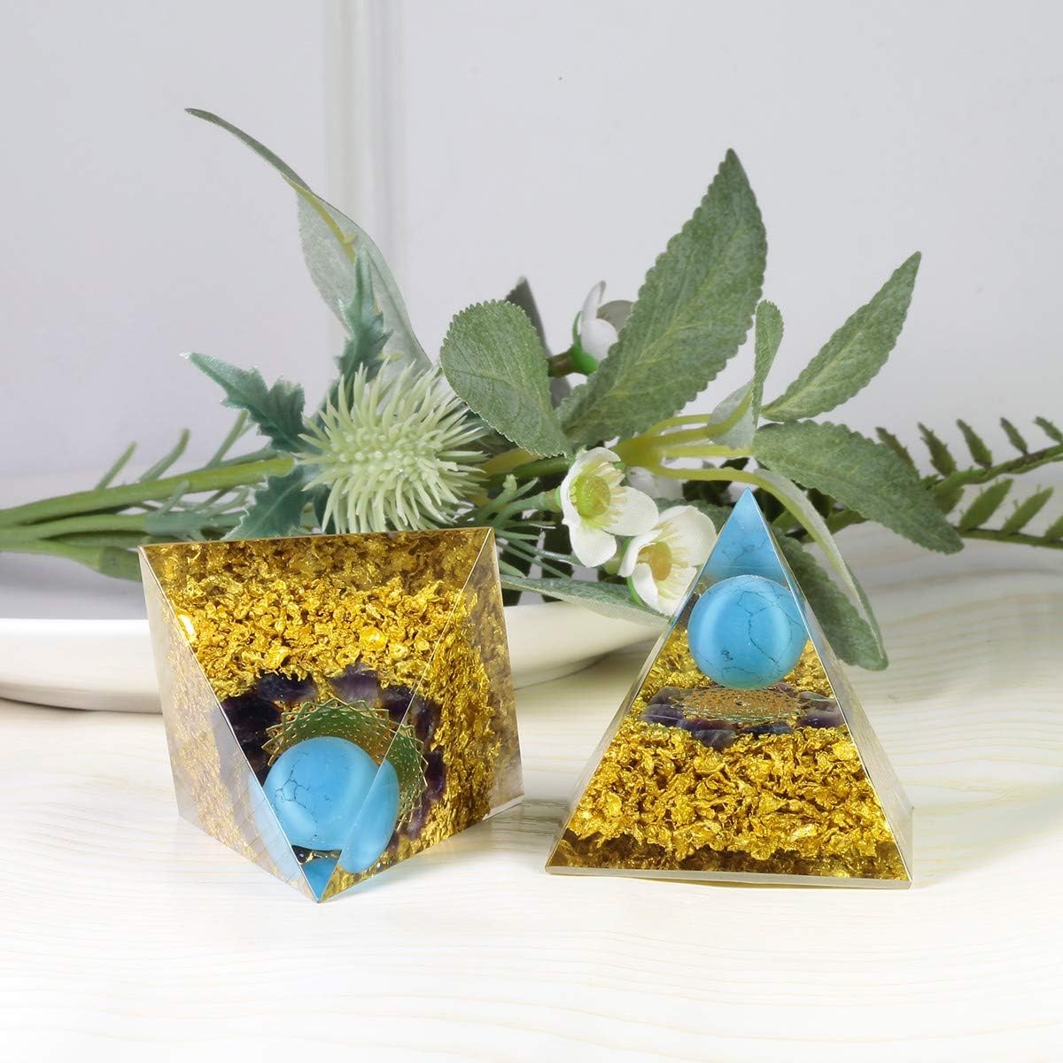 Blue Howlite Turquoise Orgone Pyramid with Amethyst Stones and Crown Chakra Symbol