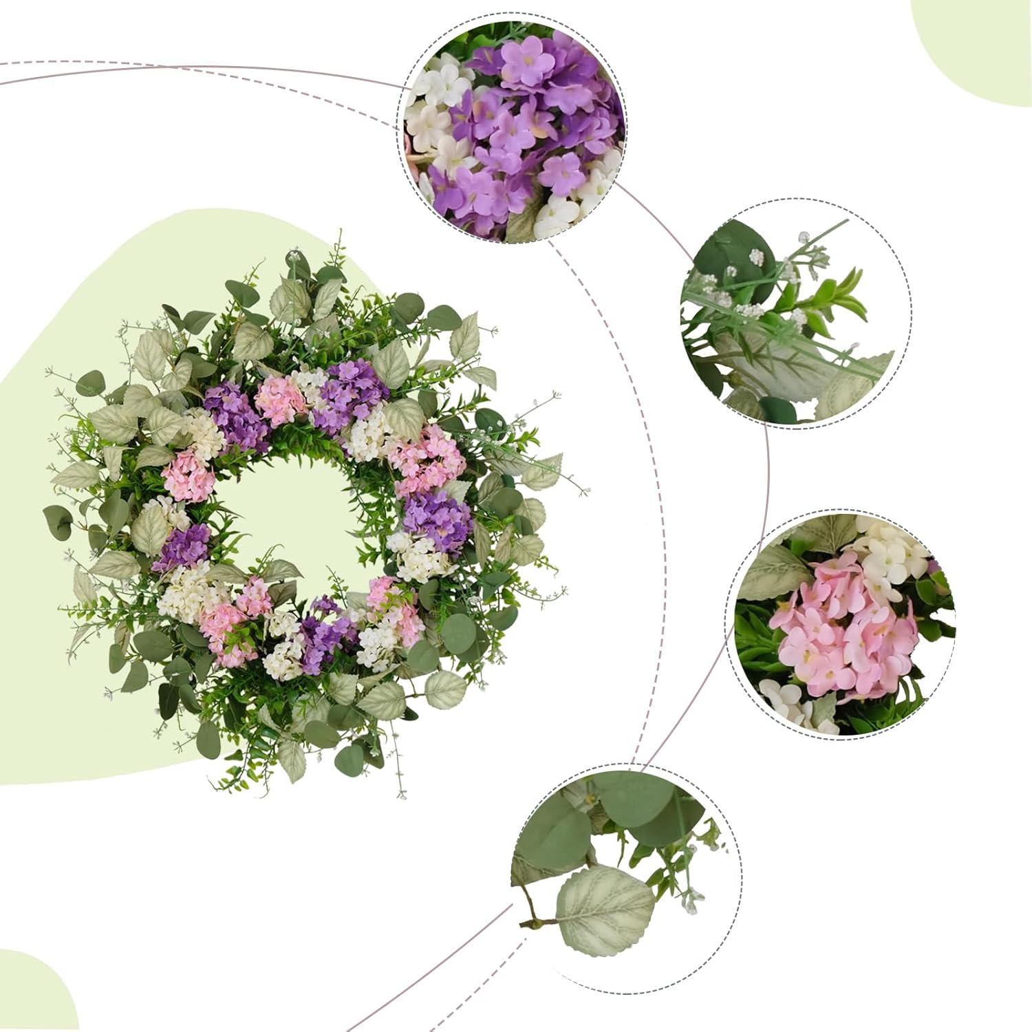 CIR OASES 22 Inch Artificial Hydrangea Wreath with Eucalyptus Leaves