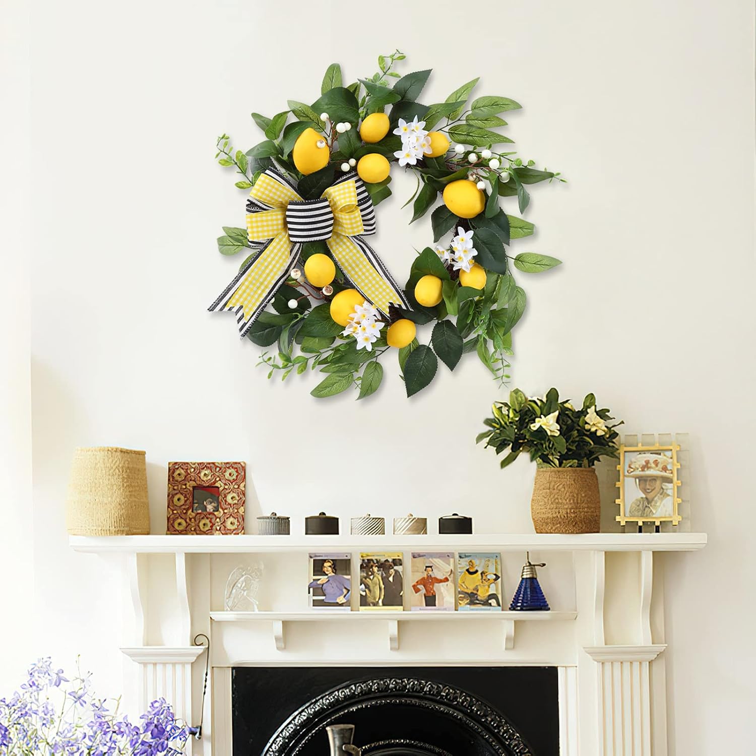 20 Inch Spring Summer Lemon Wreath with Daisy Bow and Eucalyptus