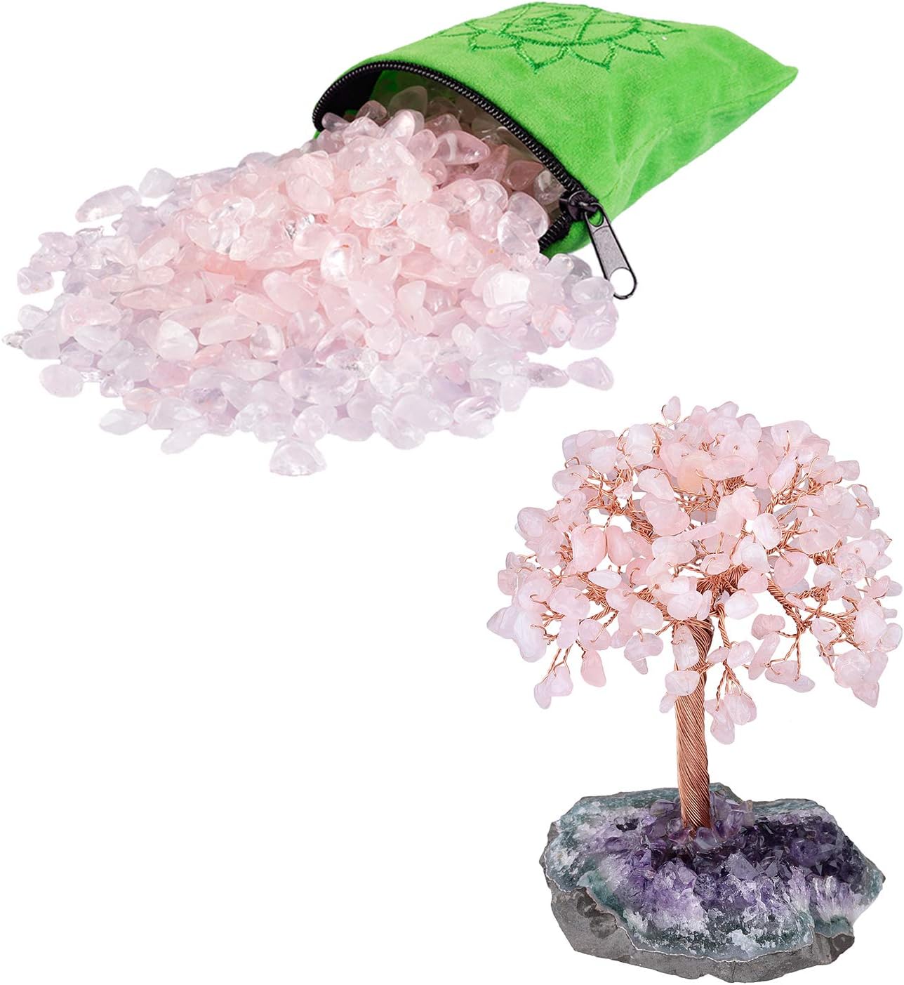 Rose Quartz Tumbled Stones with Chakra Bag and Crystal Tree Set