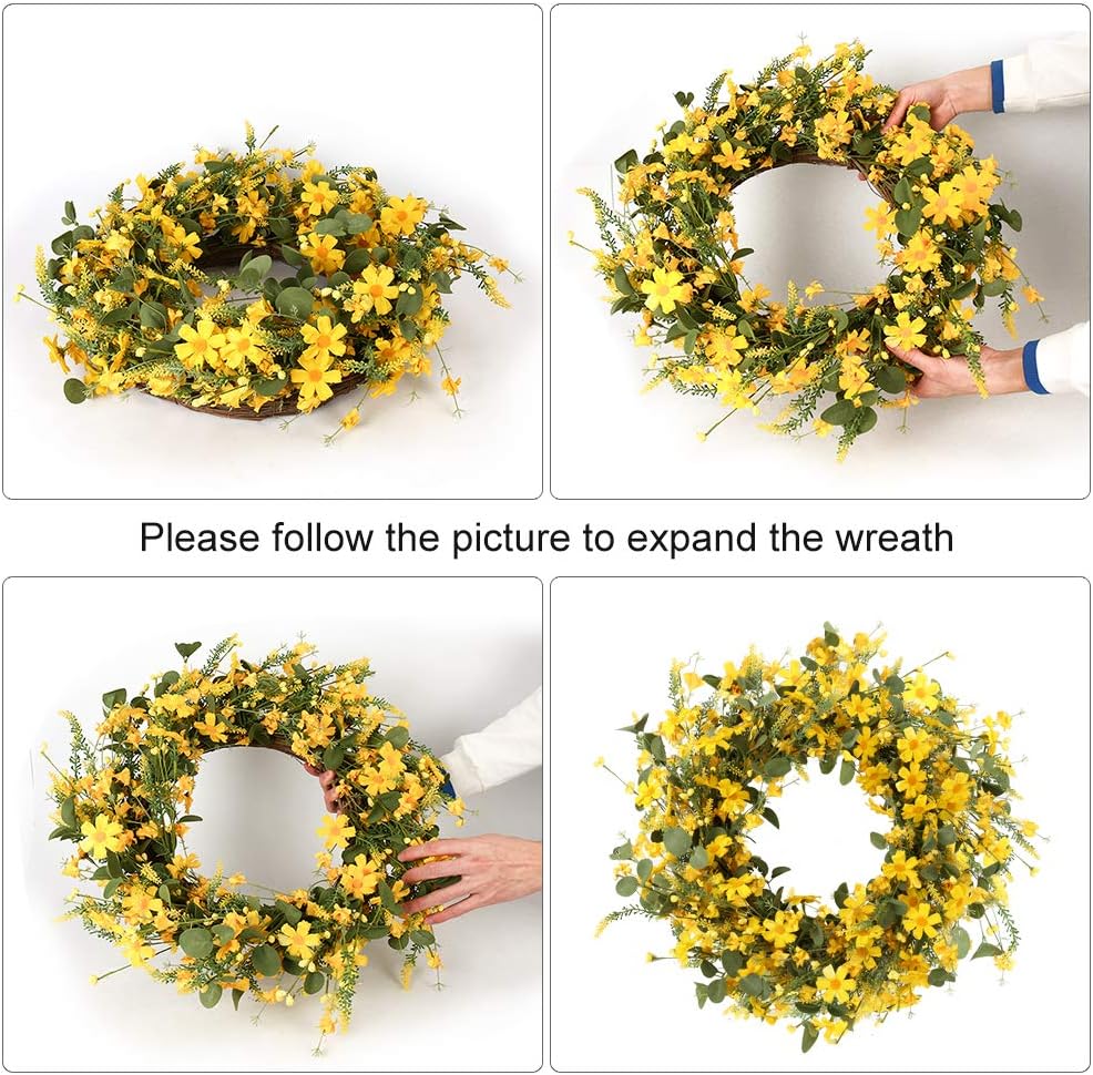 JFLORU 22 Inch Yellow Daisy Spring Wreath for Front Door