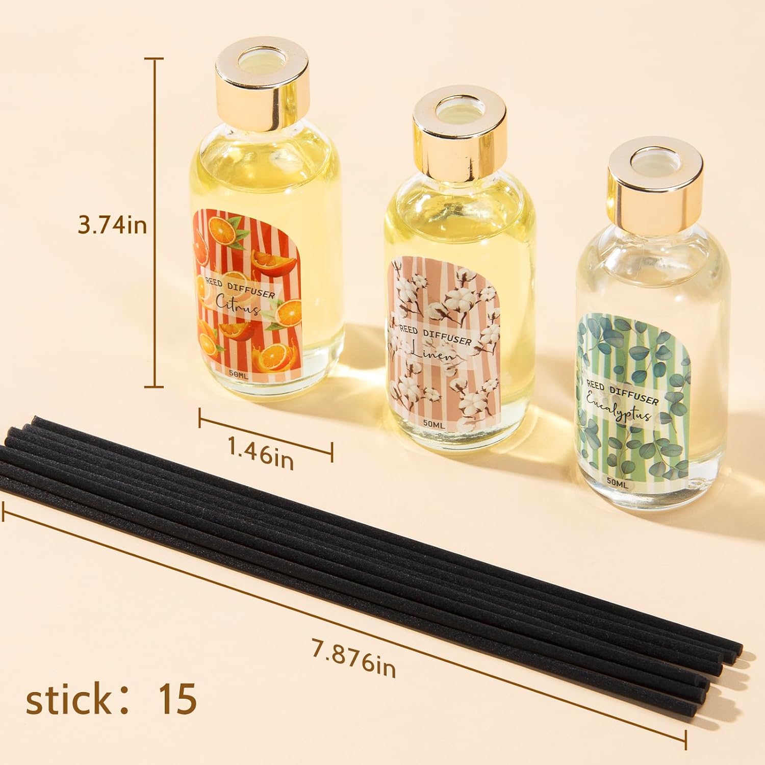 3 Pack Reed Diffuser Set with Linen Eucalyptus Citrus Scent