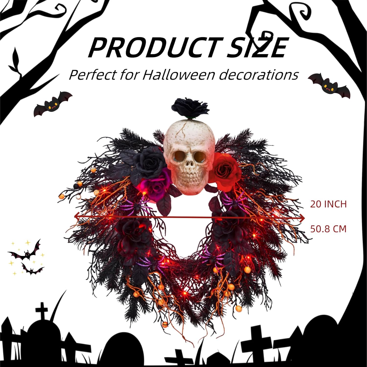 20 Inch Halloween Wreath with Lights and Decor