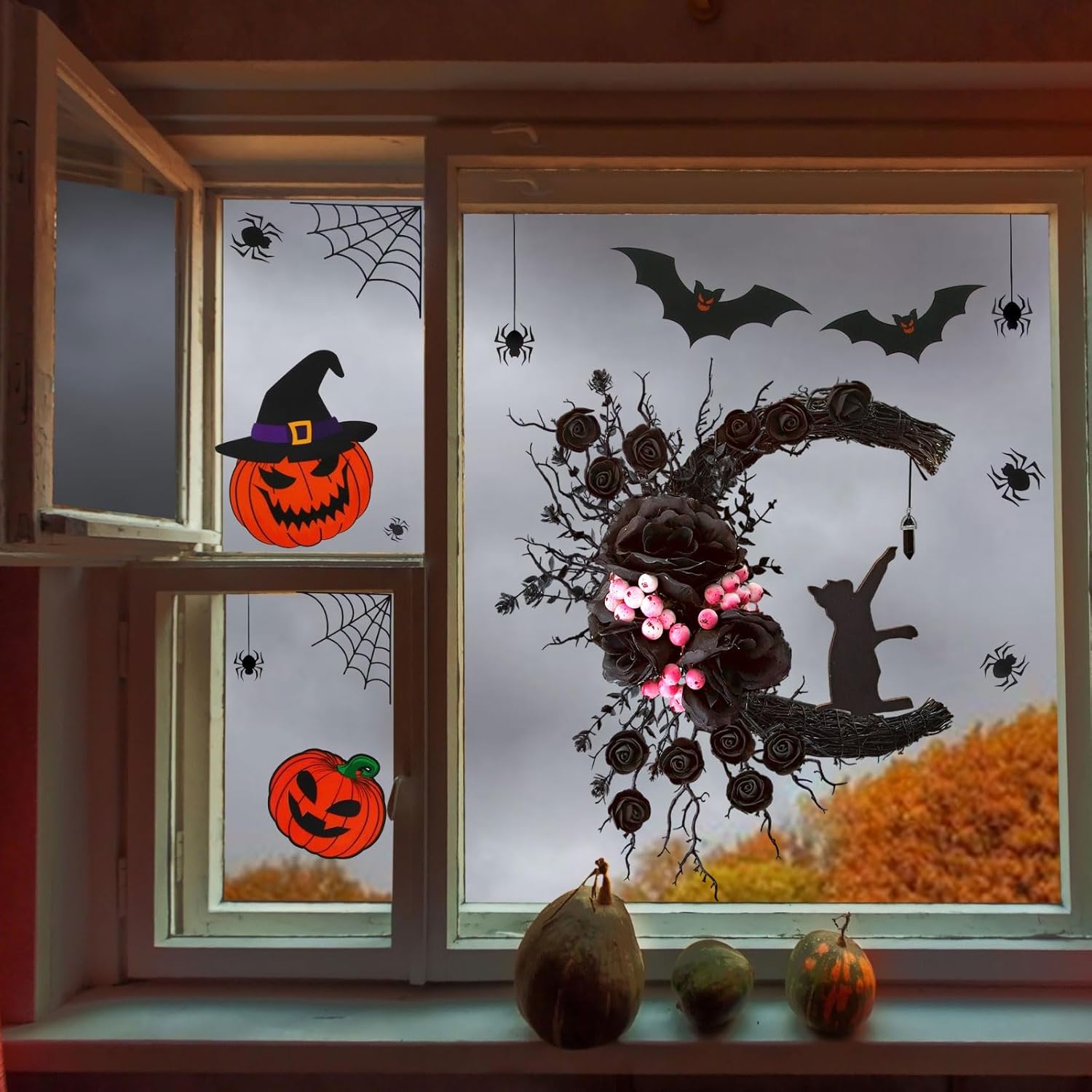 Spooky Halloween Wreath with Black Cat and Lights