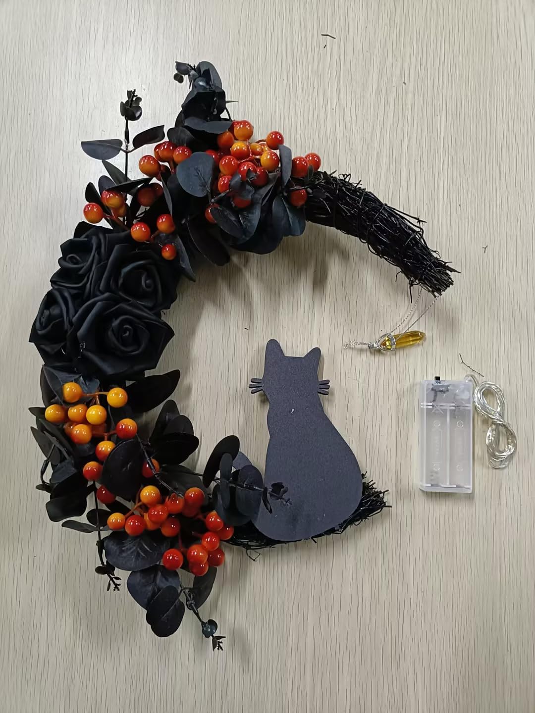 Ceenna Halloween Moon Wreath with Black Roses and Orange Berries
