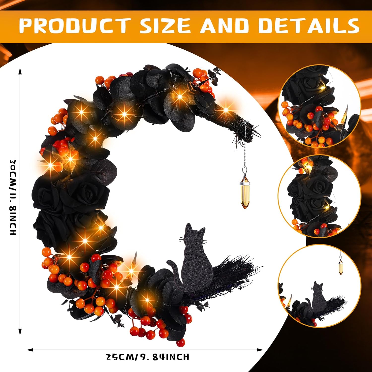 Ceenna Halloween Moon Wreath with Black Roses and Orange Berries