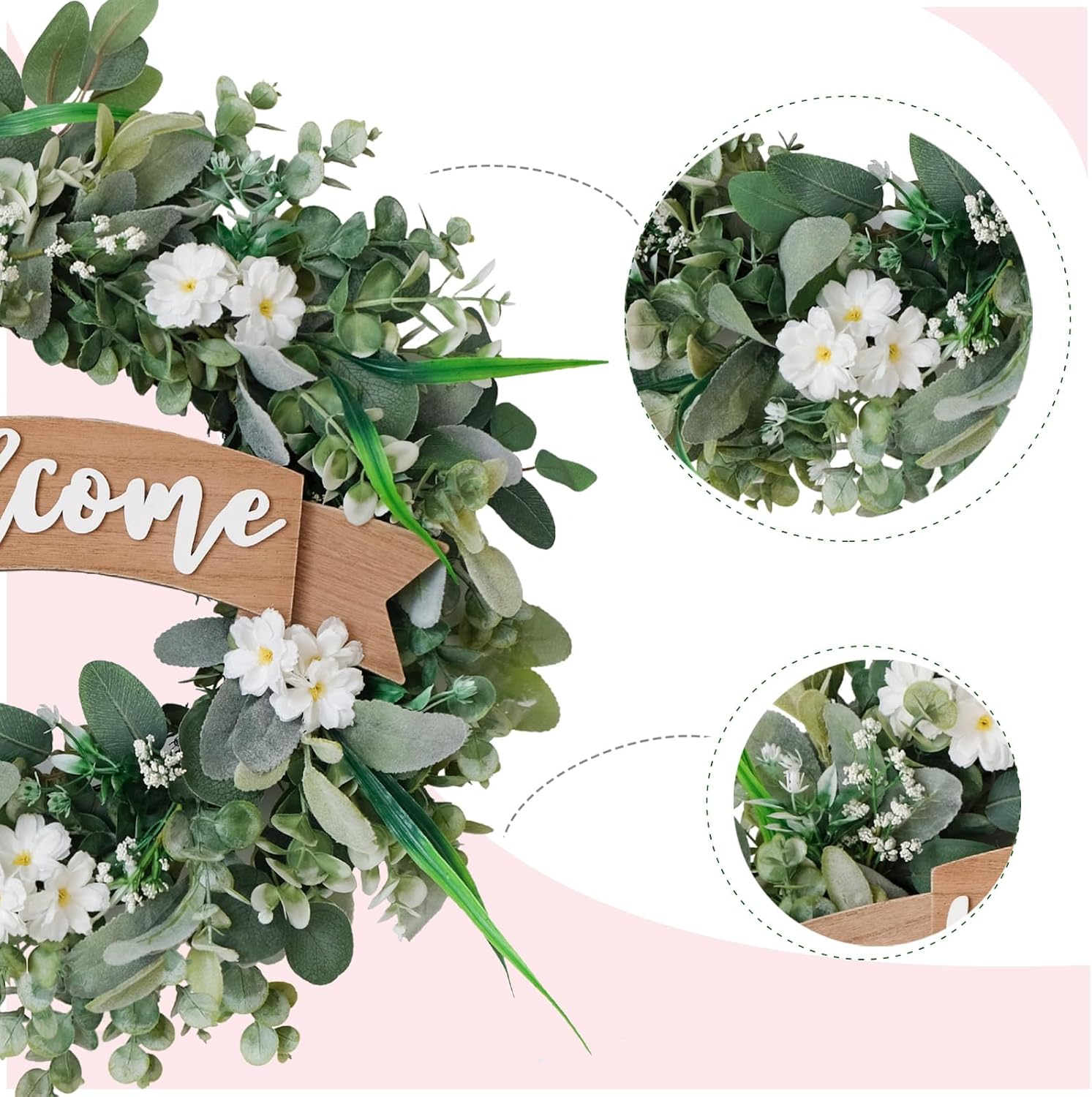 24 Inch Spring Lamb Ear Green Wreath for Front Door