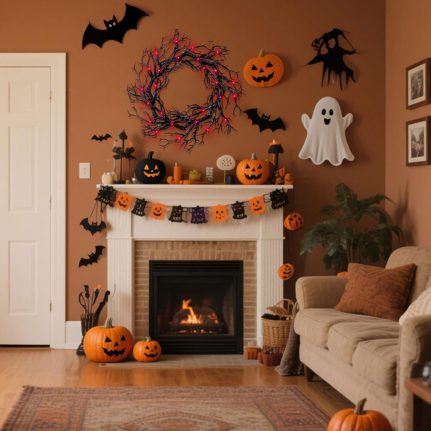 Halloween Black Branch Wreath with Lights