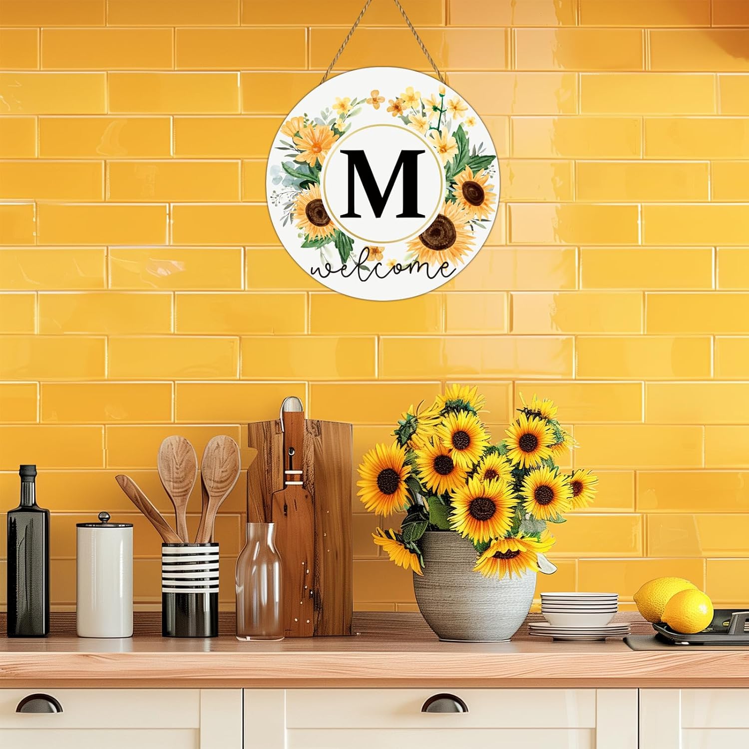 Sunflower Monogram Letter M Wreath for Front Door