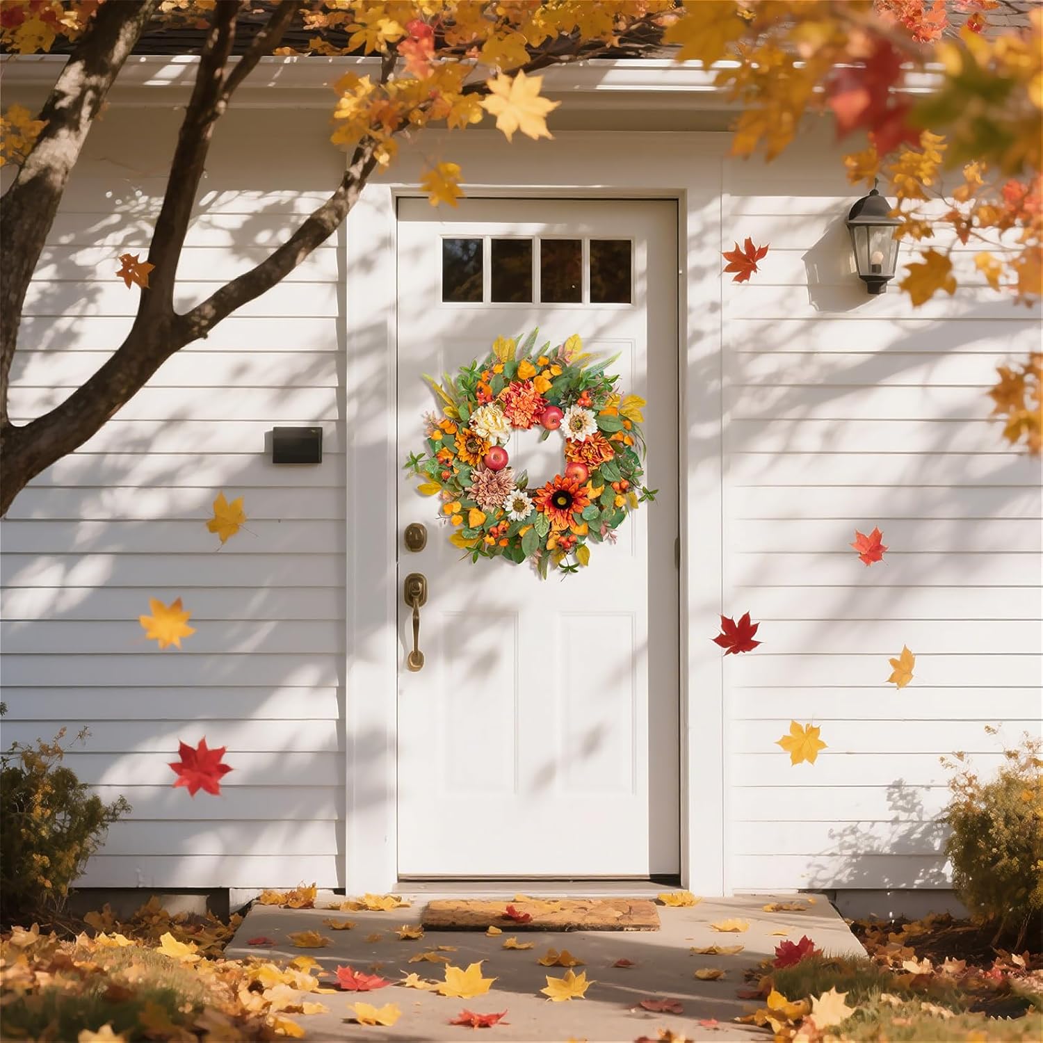 24 Inch Fall Wreath with Artificial Apples Dahlias and Sunflowers