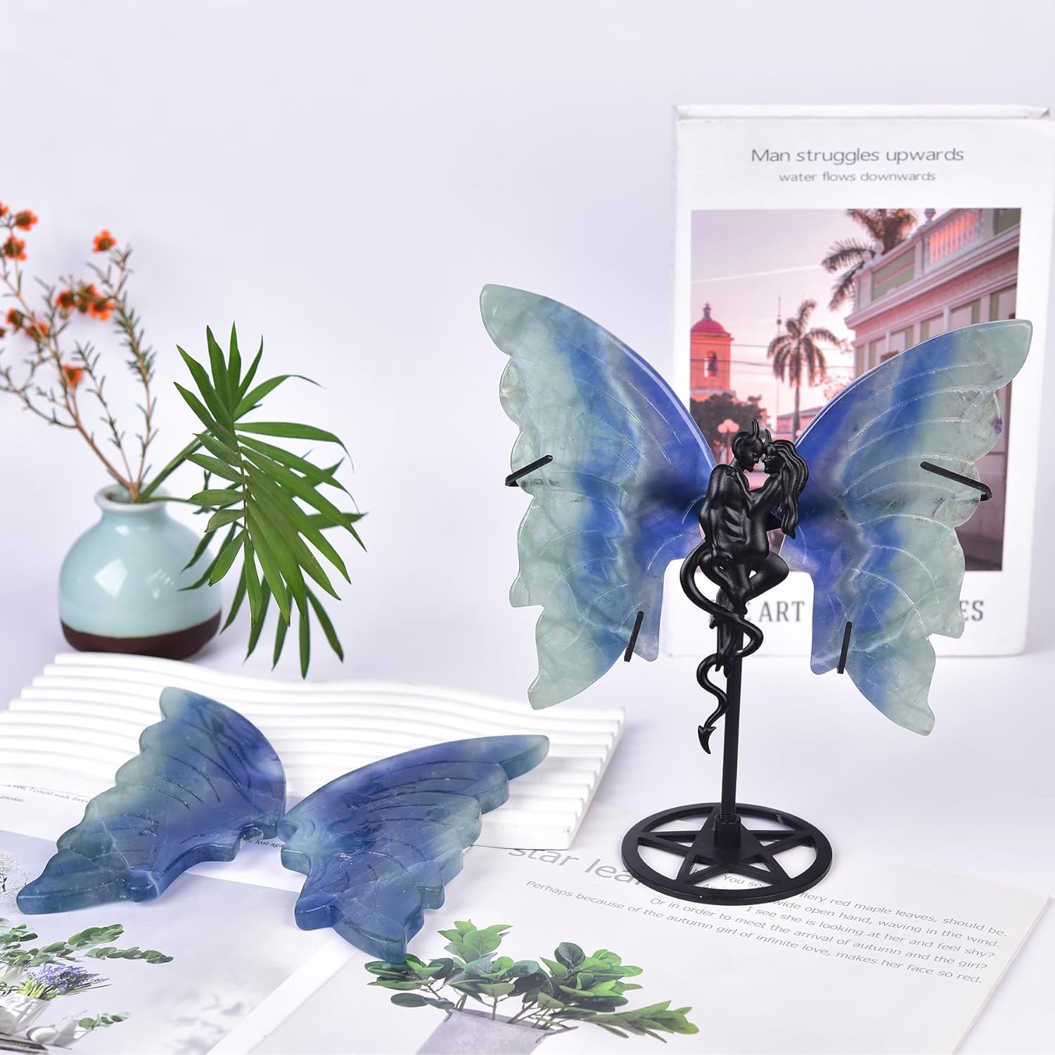 JIC Gem Blue Fluorite Crystal Butterfly Wings Decor