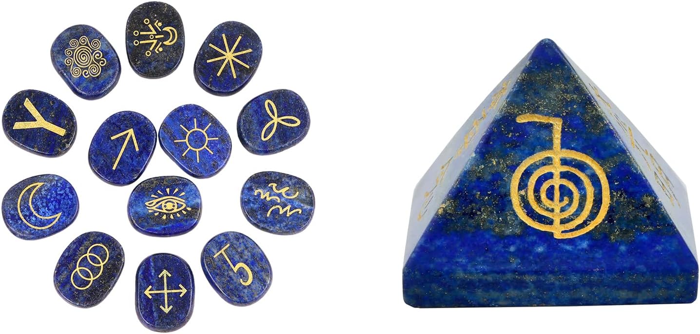 Lapis Lazuli Crystal Bundle with Witches Runes and Chakra Pyramid Stone